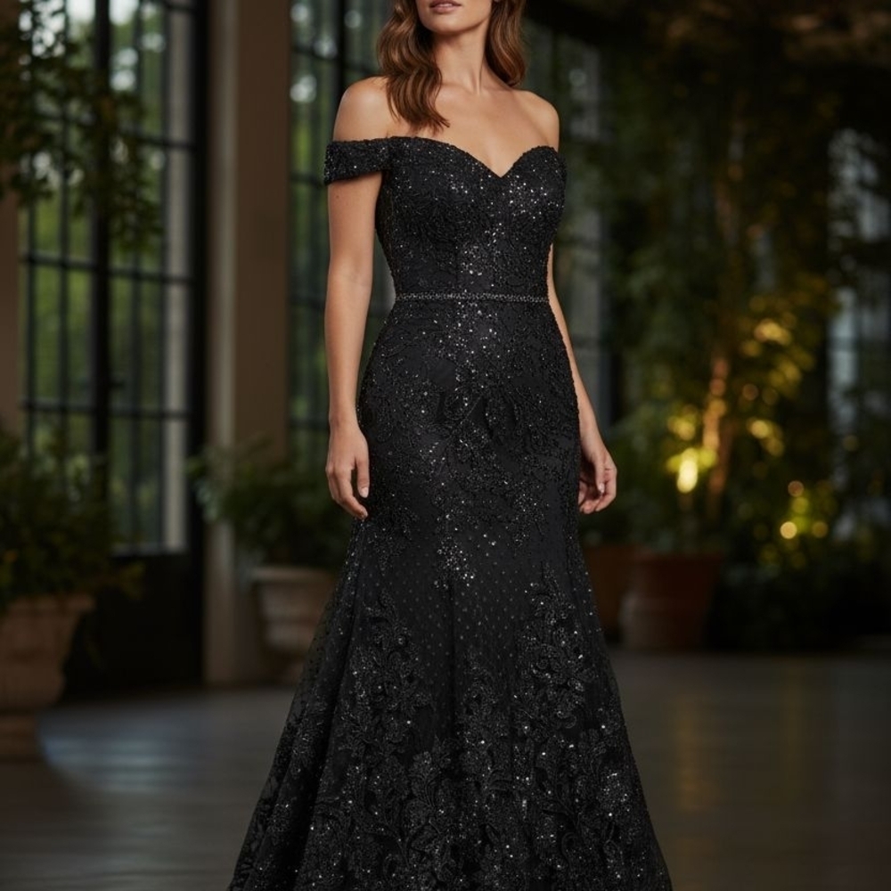 Marsoni by Colors Women's Formal Elegant Black Off-Shoulder Evening Gown Prom